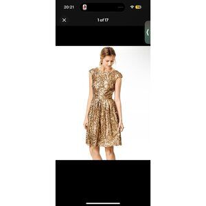 Badgley Mischka Womens Dress 14 Golden Flower Sequin Fit Flare Cocktail Evening